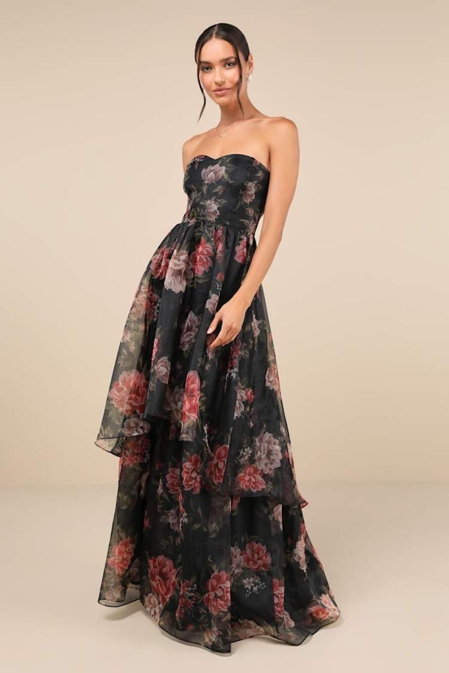 NWT Lulus Truly Extraordinary Black Floral Organza Strapless Maxi Dress Tube S